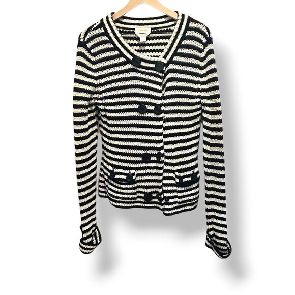 Talbots Petite Medium Black White Striped Cardigan Jacket | 100% Cotton Academic - Picture 1 of 16